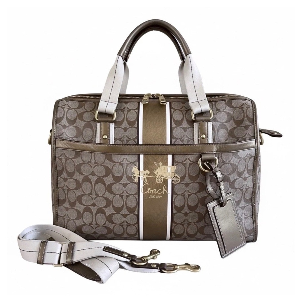 Flawed Gem! Coach Signature Heritage Stripe Pet Carrier Khaki Gold Metallic Bag - Picture 2 of 8